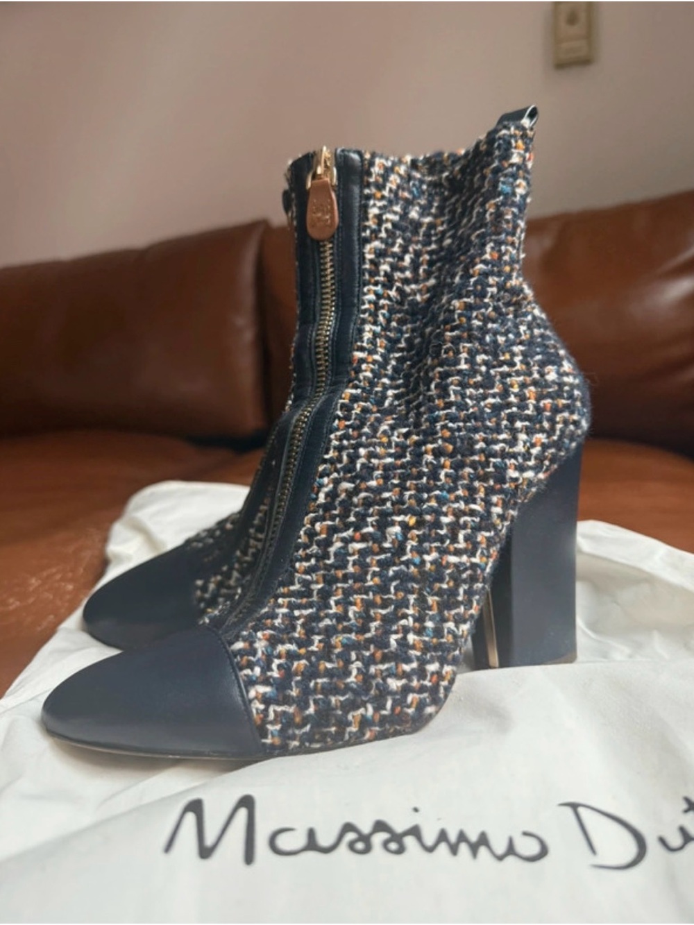 Massimo Dutti Black Tweed & Leather Block Heel Ankle Boots